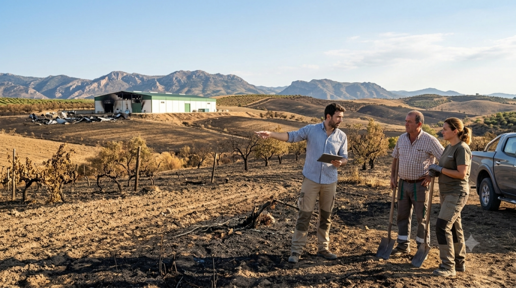 Ingeniero agrónomo perito evaluando daños por incendio en viñedo e instalación agrícola